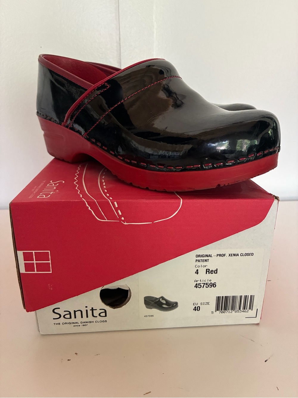Sanita Black Patent Clogs with Red Trim and Sole Size 9
